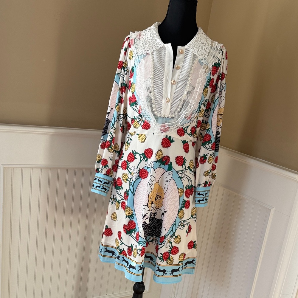 BURRYCO White Strawberry & Pineapple Print Lace-Collar Long Sleeve Dress